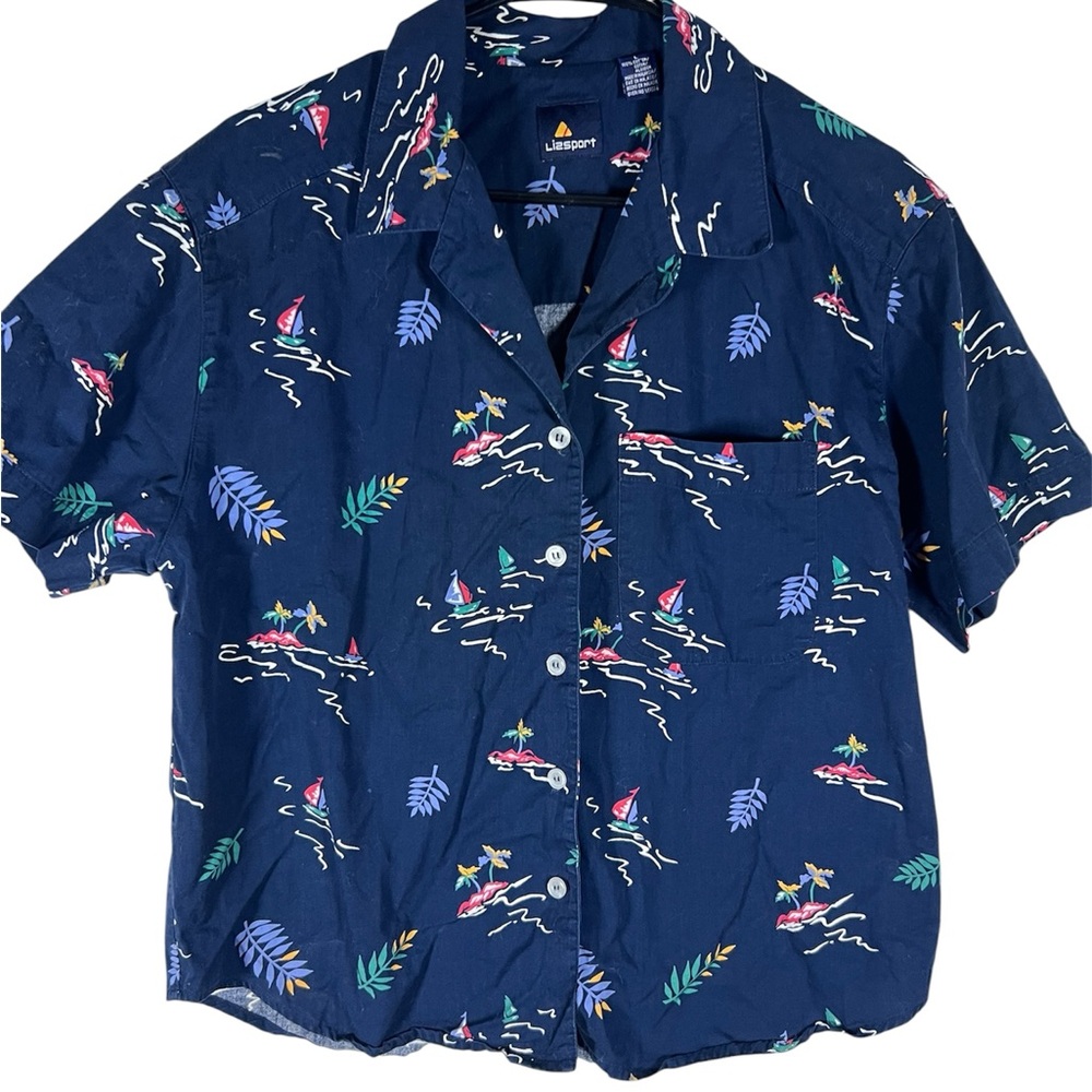 Lizsport Navy Blue Tropical Sailboat Button Up Cotton Shirt Size L